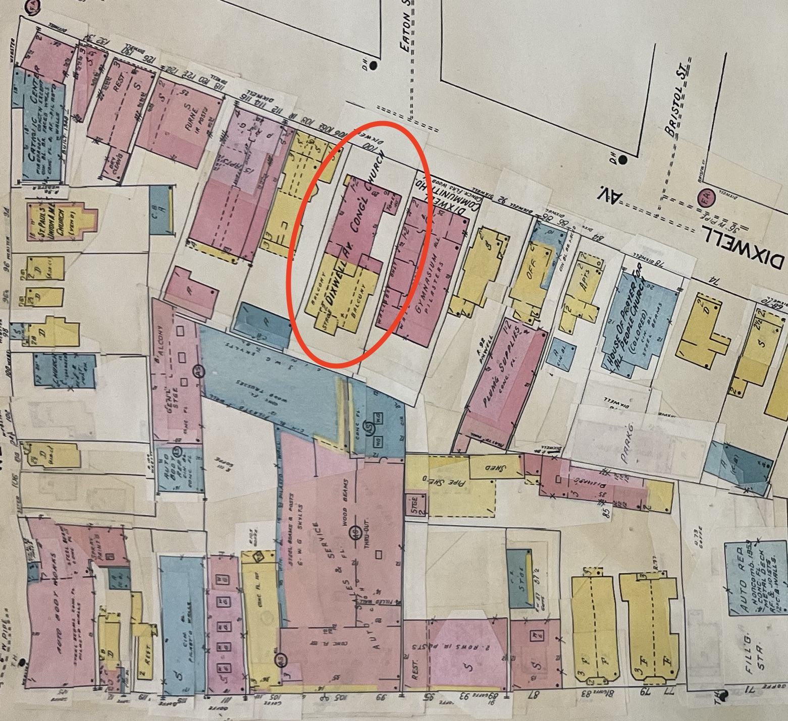 In the updated 1960 Sanborn, the precursor church is still present. Some of the surroundings on Dixwell Avenue have changed, with fewer wooden residential buildings, although many remain. 