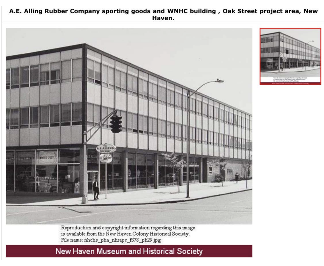 A.E Ailing Rubber Company, circa 1962. The letters towards the center of the building, right next to the person walking at the right-most end of the photo, read “WNHC” for the radio and television broadcasting company for which the building was built. 