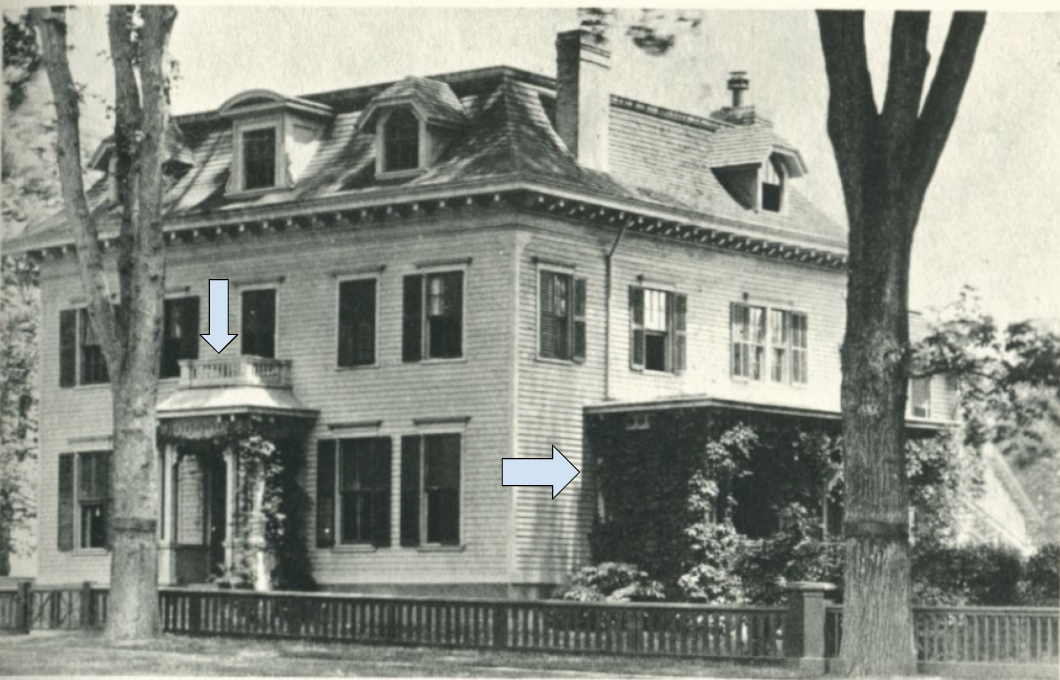 31 Hillhouse Avenue in 1892. This photo was taken while a still-alive, but post-Yale presidency Noah Porter resided in the home with his two daughters, Rebecca Taylor and Martha Day Porter. (The daughters would eventually inherit the deed to the house.) The full extent of Henry Austin’s 1866-1870 Second Empire additions is evident in this image. Since-demolished fixtures include a front portico (complete with draping vines and support for a second-floor balcony) and side verandas (while only one side’s veranda is evident in this image, a second one mirrored it on the other side of the building). The residential fence has also since been removed.
