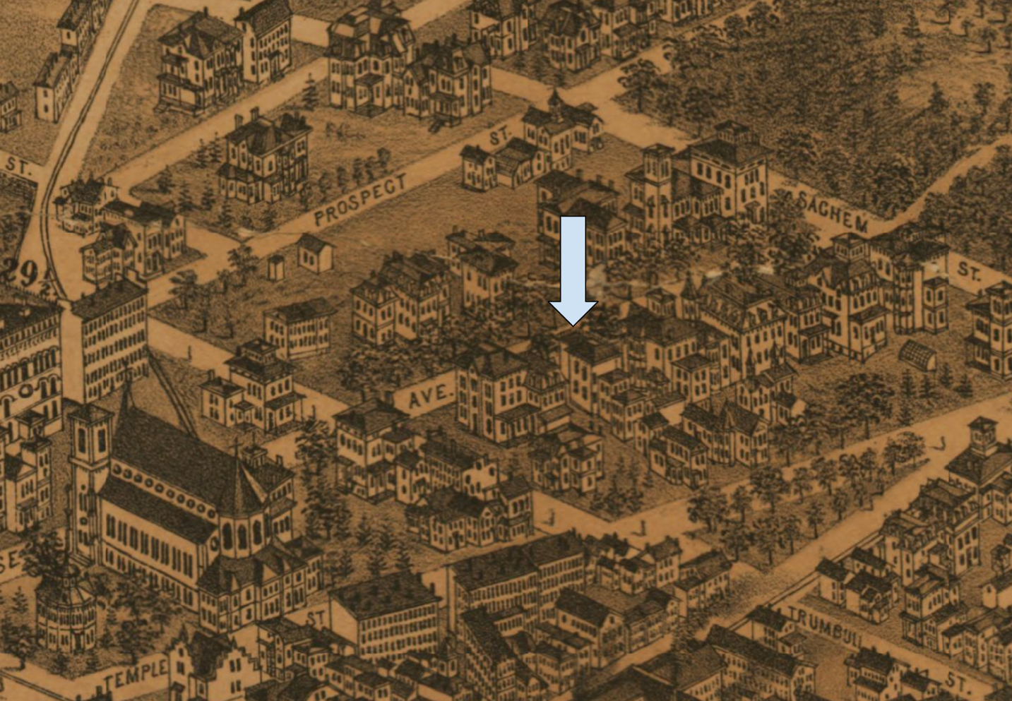 The Abigail Whelpley House, depicted in a detailed (though not drawn to scale) perspective map. Note the porch extensions to the sides of the building, which have since been demolished.