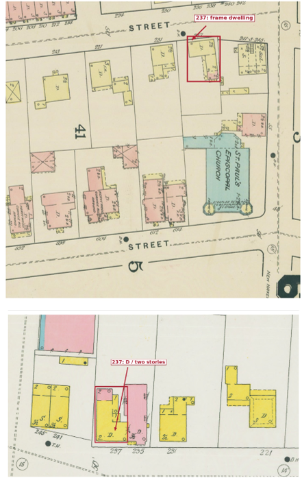 Red outlines identify the frame dwelling at 237, recorded with rear extensions in both maps. The 1901 sheet separately represents the adjoining brick dwelling at 235; the change from 2½ to 2 stories at 237 does not alone establish the date or nature of rebuilding.