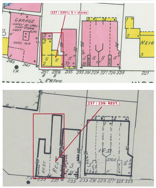 The 1924 frame predecessor contains stores at 237 and 235½; the later revision shows a larger footprint with restaurant labels at 237/239. Together with the assessor’s 1927 date, this supports substantial intervening change while leaving retained fabric and exact construction phases unresolved.