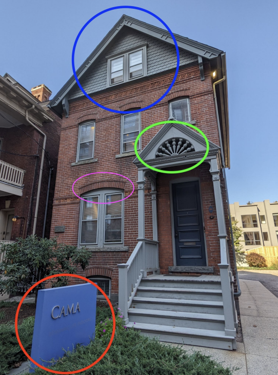 Photo of the front of the 31 Audubon St building. Encircled in red is the corporate Cama sign, encircled in blue is the windowed pediment at the top of the building, encircled in green is the decorated pediment of the front porch, and encircled in pink is a brick belt course above a window.