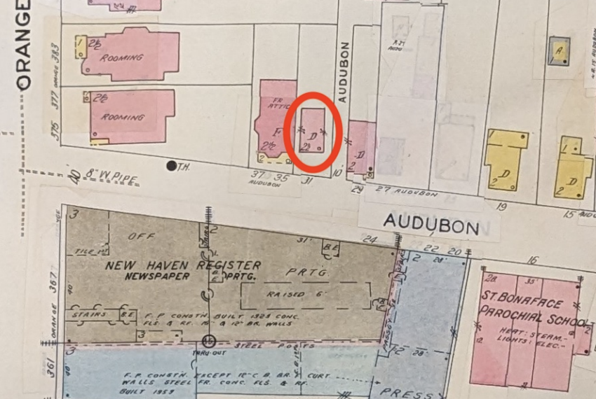 Sanborn fire insurance map from 1960. 31 Audubon St is encircled in red, and the New Haven Register newspaper has notably expanded the space that it occupies relative to 1930—indicating a greater level of commercialization of the area.