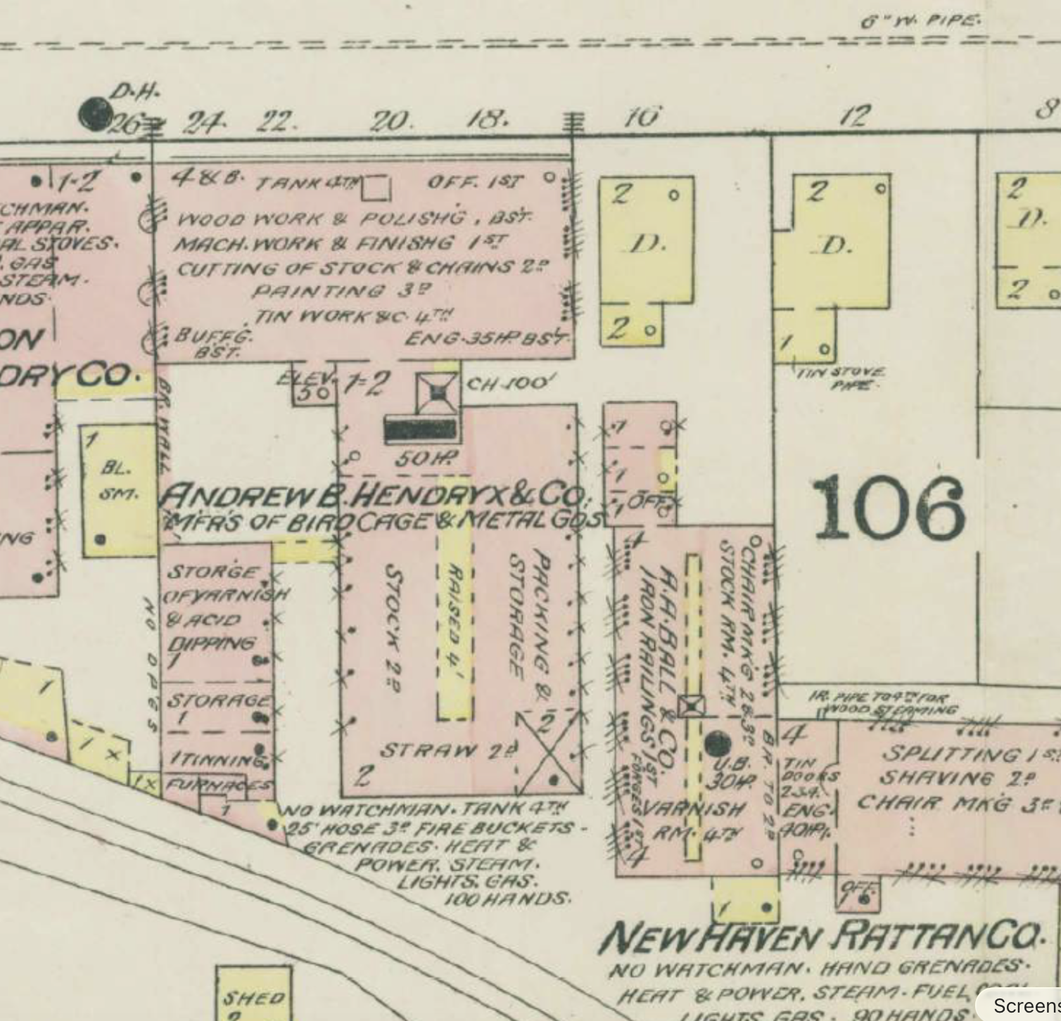 Sanborn map including the Andrew B. Hendryx Company and the A.A. Ball & Company. 