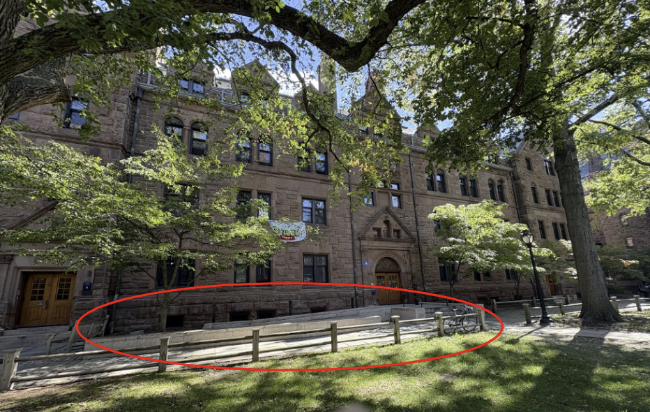 Welch Hall view from inside Old Campus. The circled section shows the accessibility ramp for built to entryway B after recent renovations.