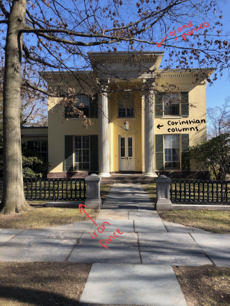 This image depicts 35 Hillhouse, a Greek Revival style home that is currently known as the Provost’s House. Notable features include the large Corinthian columns and detailed portico. This grandiose home is on the left-hand side of 31 Hillhouse and works to emphasize the simple elegance of the structure. 