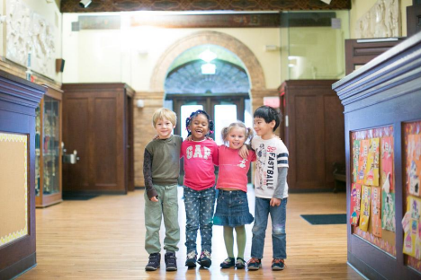 Worthington Hooker School Students posing and having fun, architectural details in background  