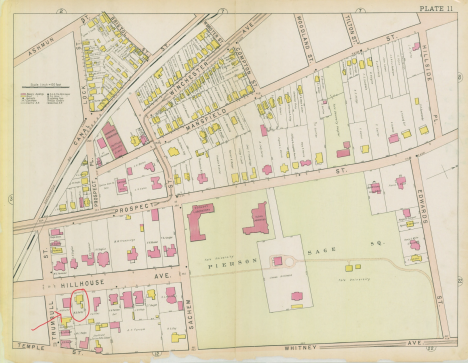 This Sanborn map overviews the development of Hillhouse and its surrounding areas in the early 20th century. The proximity of the street to greenery is notable and provided much motivation for the development of suburban life there. 