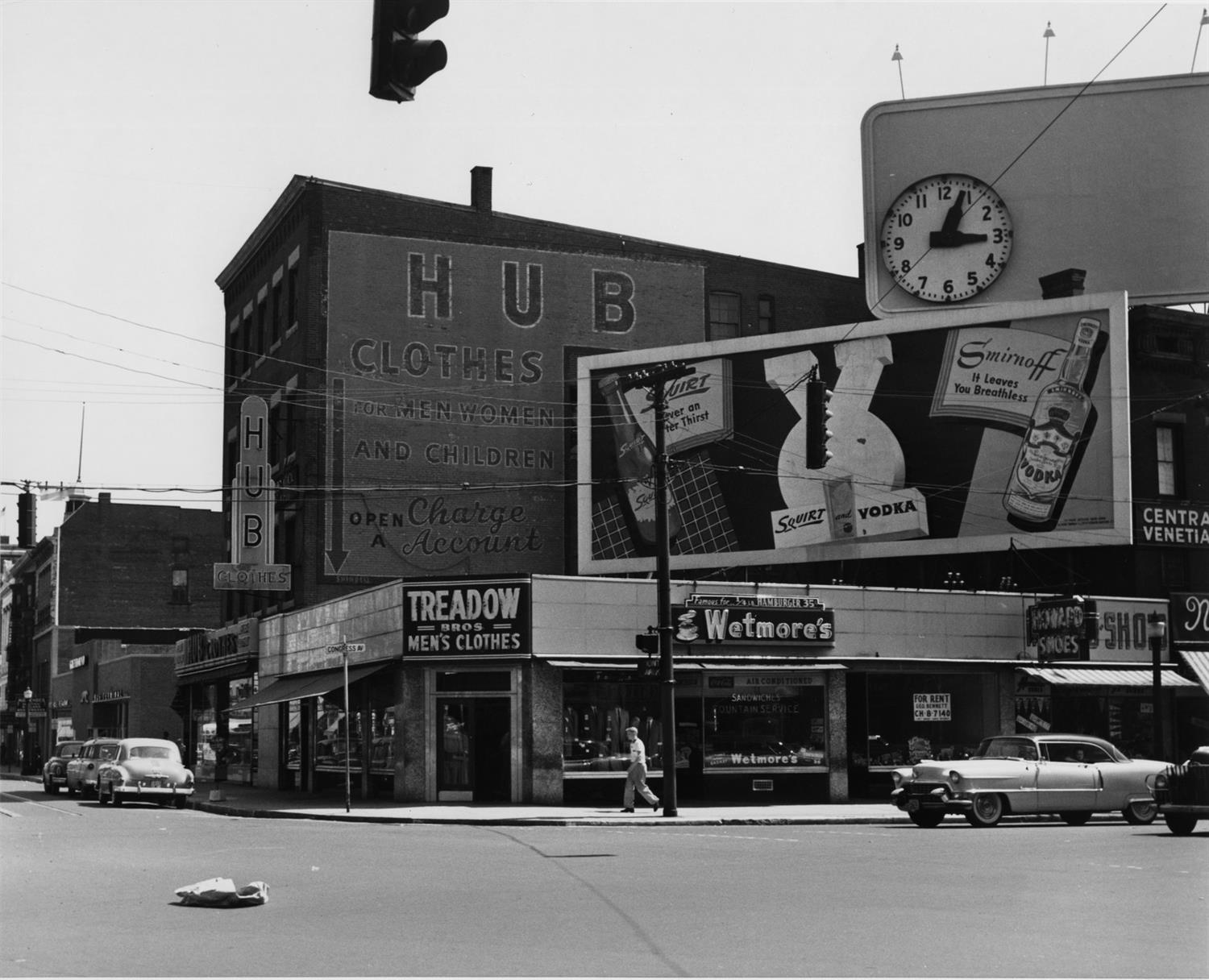 The corner of Congress, Meadow, and Church Streets in 1957 before the complete reconstruction of the site for the multi-million dollar construction of the Knights of Columbus building, parking lots, and garage in 1967-1969