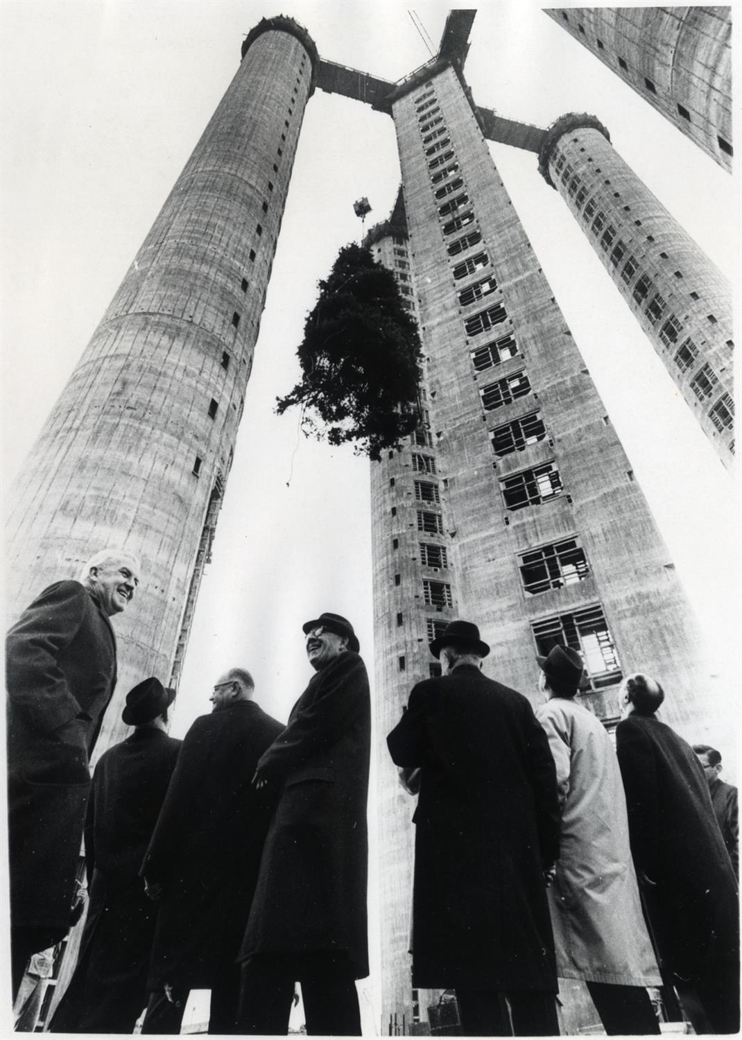 Early stages of construction of the Knights of Columbus headquarters, showing the towering columns that were the structural basis of the building.