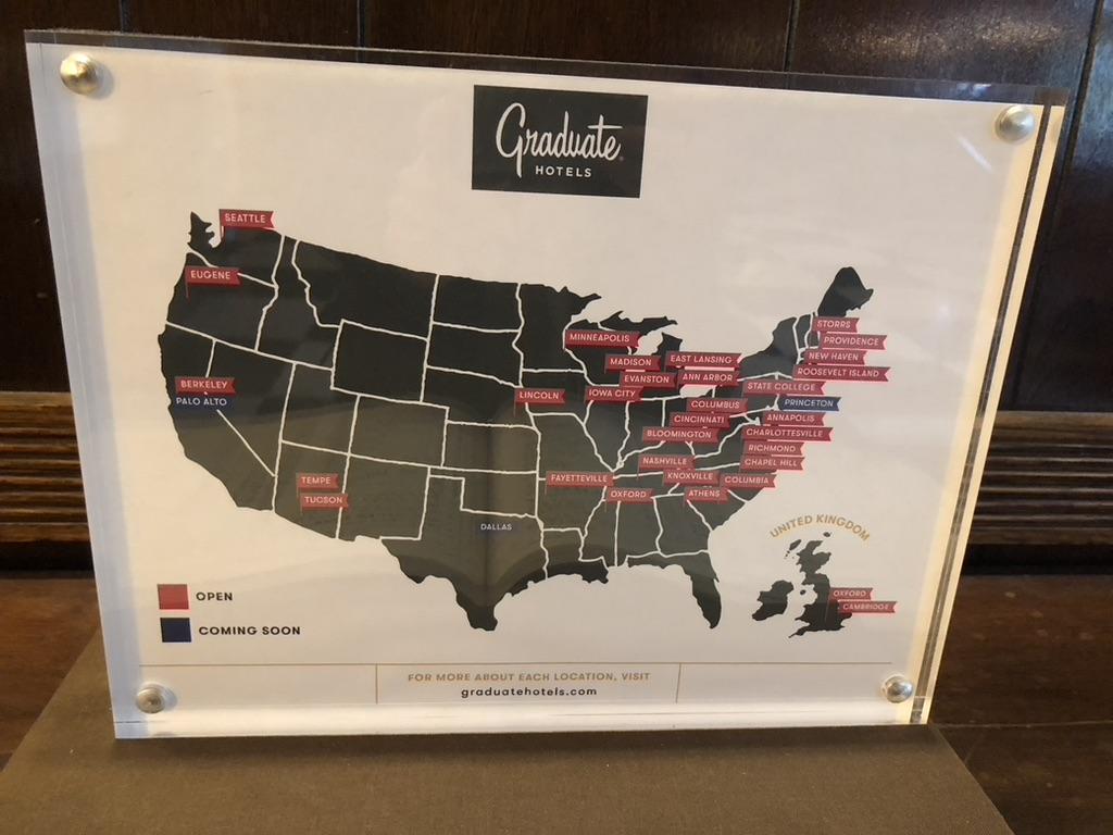 This map shows Graduate Hotels’ current properties in college towns around the United States and into the United Kingdom. New hotels are under construction in Palo Alto, affiliated with Stanford University, and Princeton, affiliated with Princeton University. 